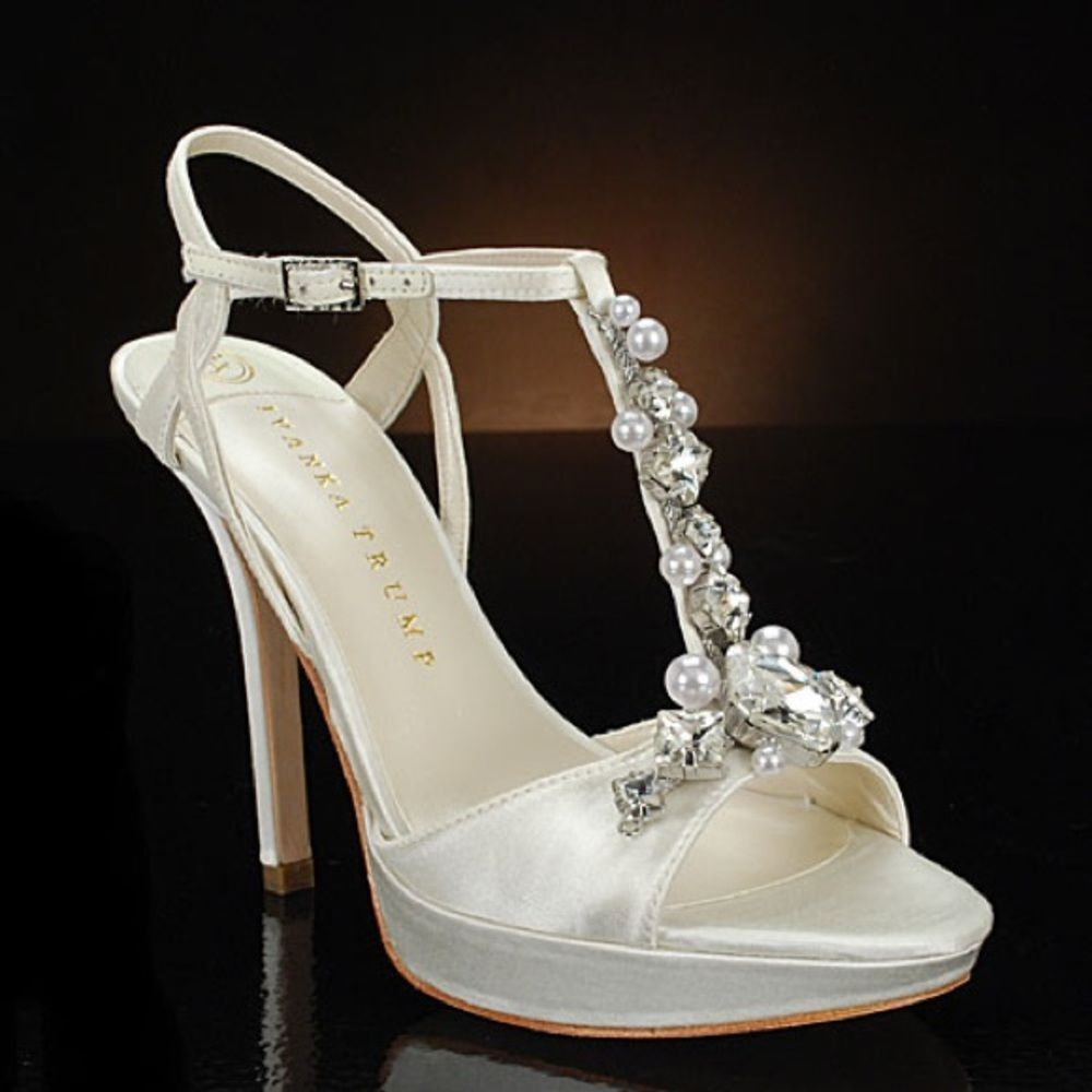 Ivanka Trump RARE badgley Mischka Satin Heels with Crystal and Pearl Accents